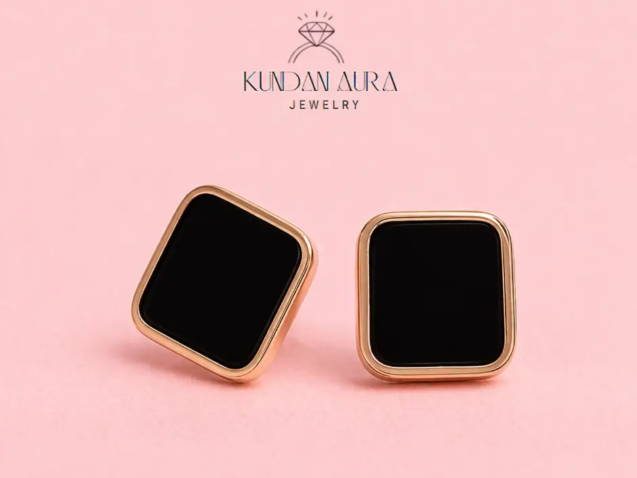 Elysian Black Studs stainless steel anti tarnish gold tone square black earrings on pink background