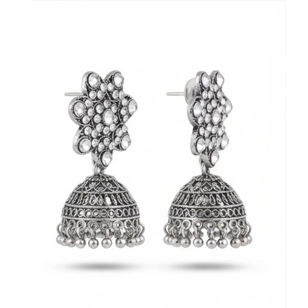 Oxidized Floral Cluster Jhumki - Image 2