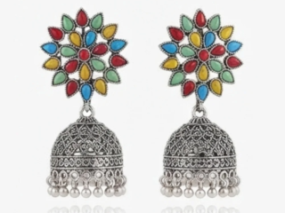 Multi-Color Stone Oxidized Silver Jhumki Earrings | Kundan Aura