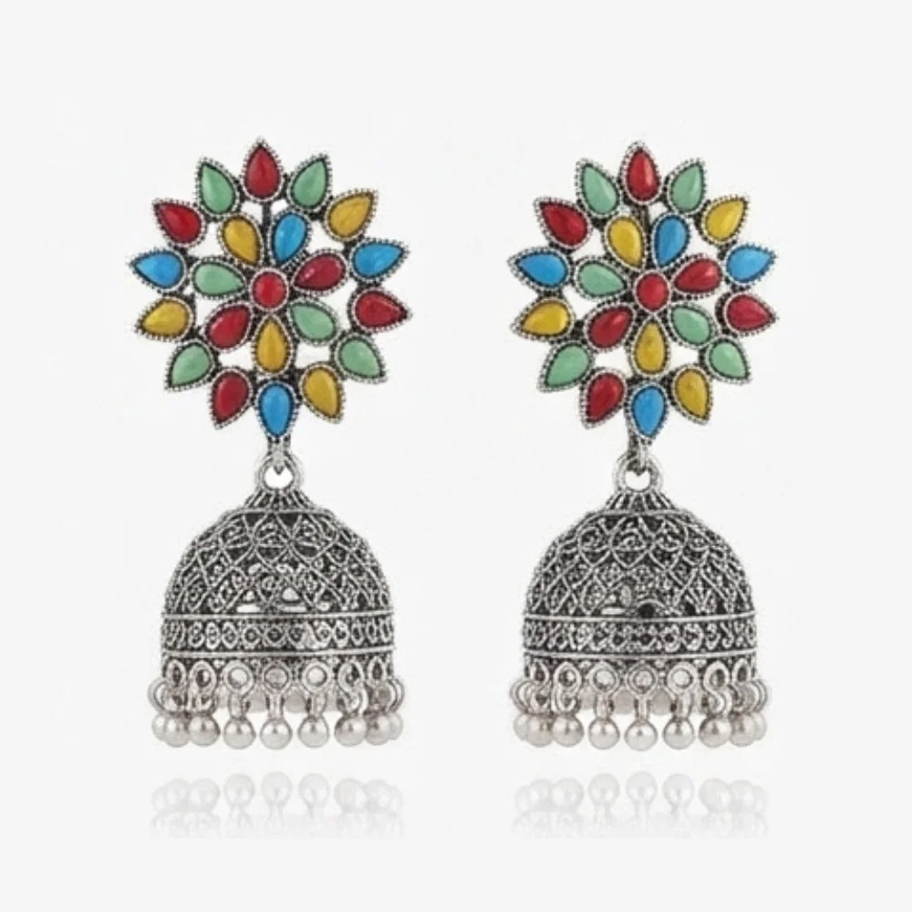 Multi-Color Stone Oxidized Silver Jhumki Earrings | Kundan Aura