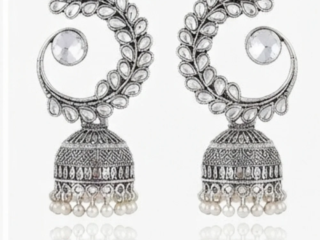 Oxidized Silver Leafy Crescent Jhumki Earrings | Kundan Aura